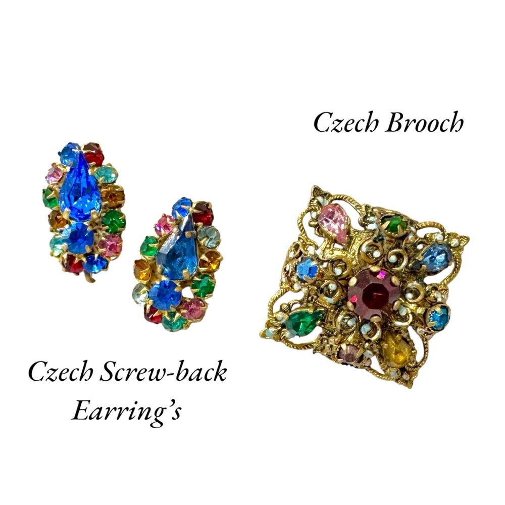 Vintage Czech “Fruit Salad” Glass Stone Filigree Brooch & Screw Back Earrings
